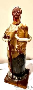 Vtg Mexican Paper Mache Folk Art Figurine Old Peasant Woman with Cane and Bag